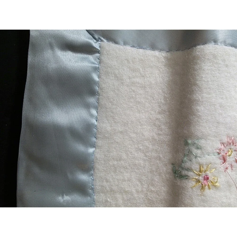 Vtg Hand Made Baby Blanket Bunny Rabbit Flower Satin Trim Applique Pink Blue